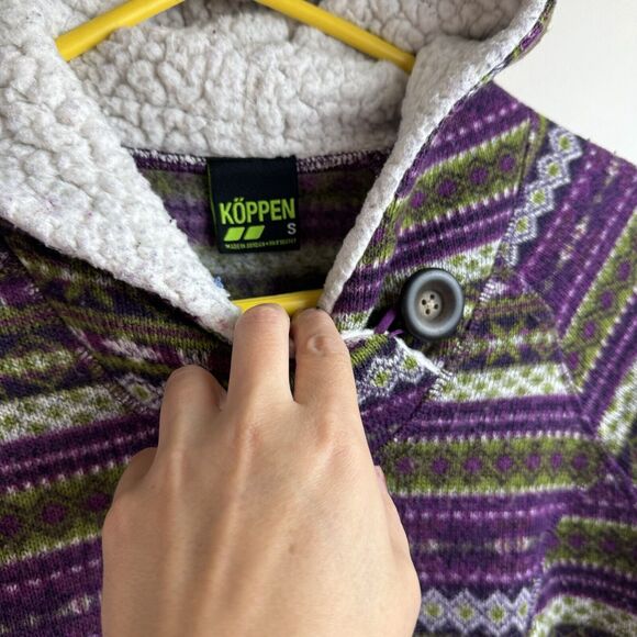 Koppen Sherpa Pullover Women's Size S Fair Isle Purple Green Hooded Jacket - Picture 6 of 6